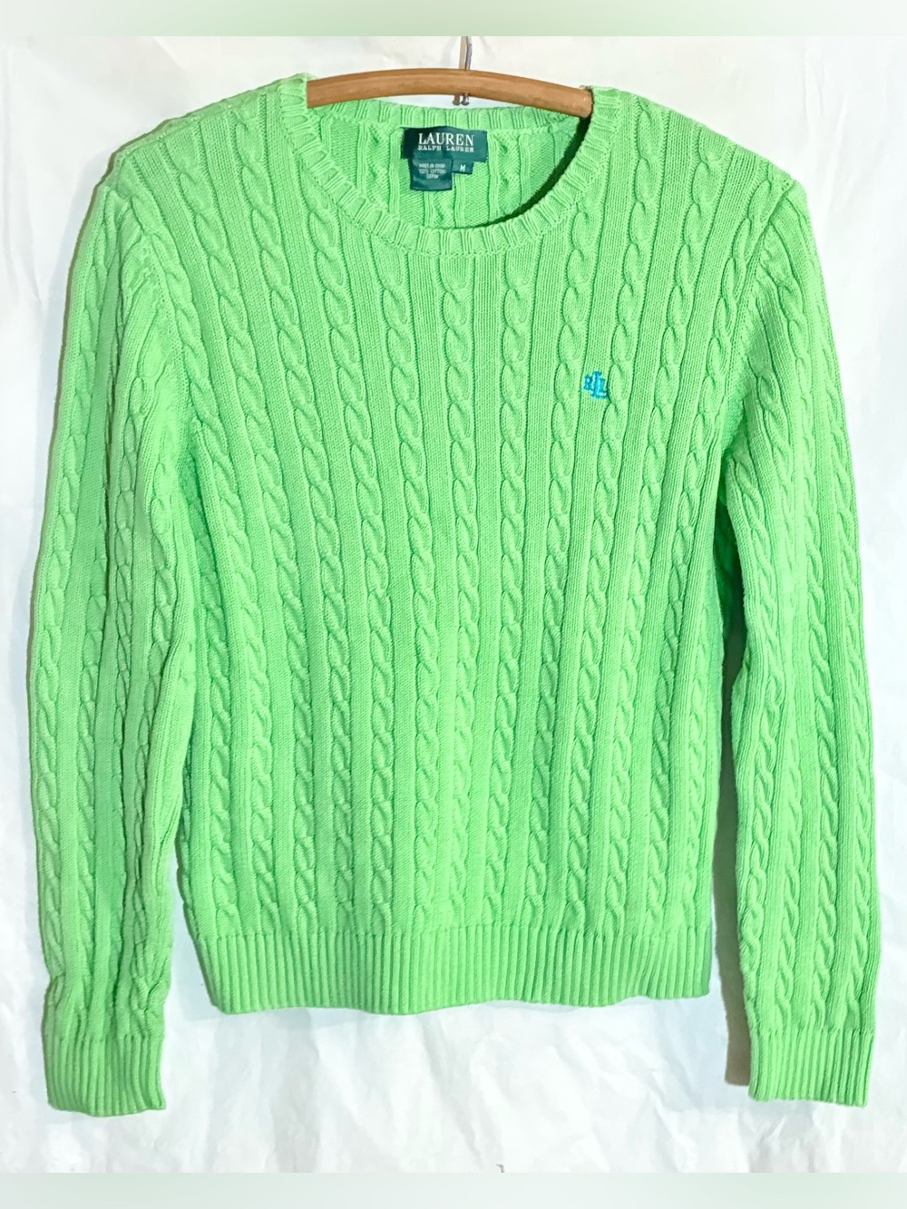 Ralph Lauren Lime Cable knit Sweater M Embroidered Logo LRL Vintage 100% Cotton